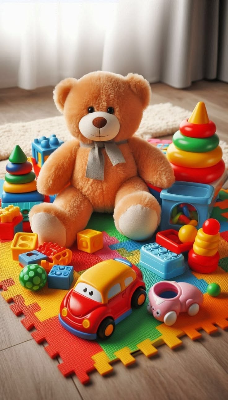 Kids Educational Toy Set – Plush Teddy Bear, Rainbow Stacking Rings, Building Blocks & Toy Cars Set