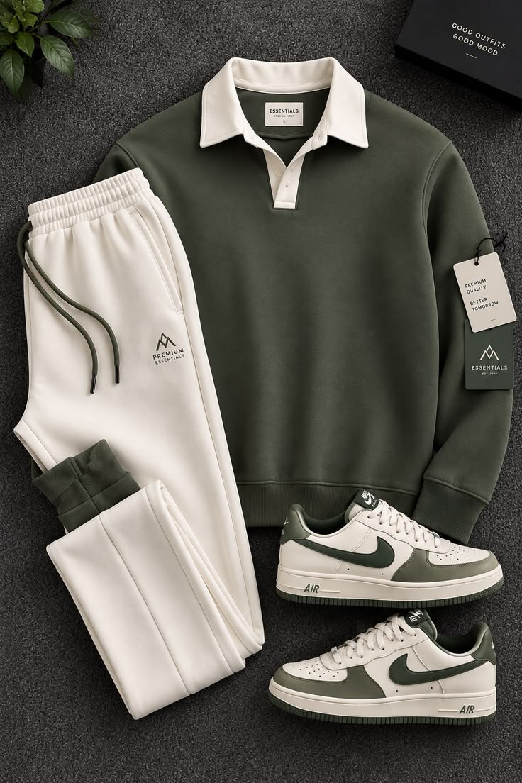 Men's Olive Green Collar Polo Sweatshirt & Off-White Jogger Tracksuit Set – Premium Casual Winter Outfit